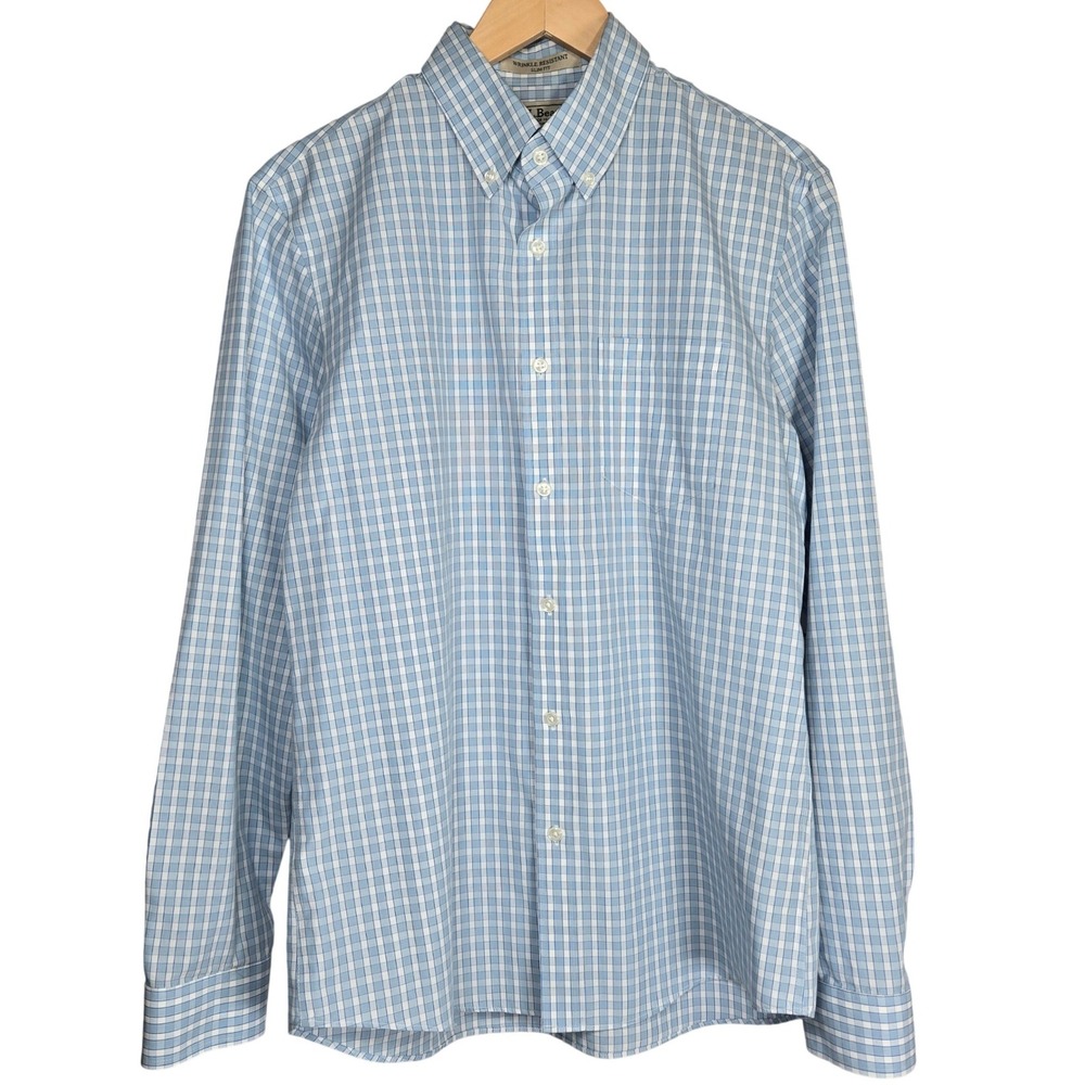 LL Bean Mens Slim Fit Wrinkle Resistant Gingham Button Down Shirt Blue M 287654